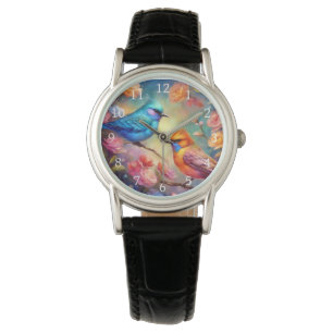 Montre Oiseaux colorés sur Branche Oiseau rose rose bleu 