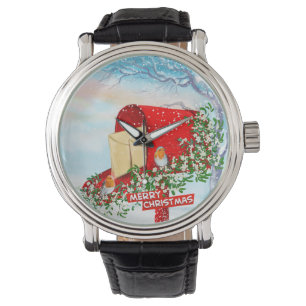 Montre Oiseaux De Noël D'Hiver De Neige Et Mens De Boîte