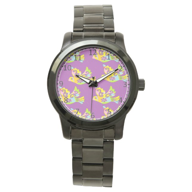 Montre oiseaux décoratifs sur violet (devant)
