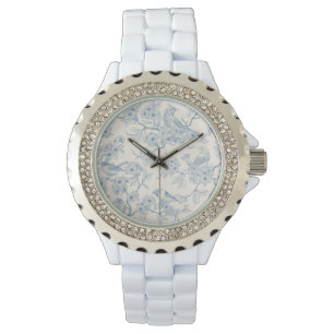 Montre Oiseaux et fleurs de cerisier en bleu et blanc cas