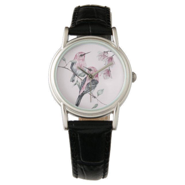 Montre Oiseaux et fleurs roses en aquarelle (devant)