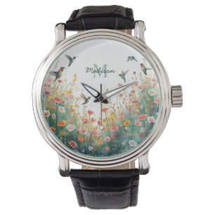 Montre Oiseaux Floraux Aquarelle Monogramme Fleur Sauvage