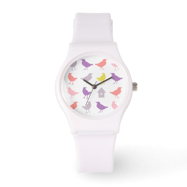 Montre Oiseaux pastel rose et violet avec Birdhouse (Recto)