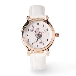 Montre Oiseaux roses et noirs sur une branche d'arbre