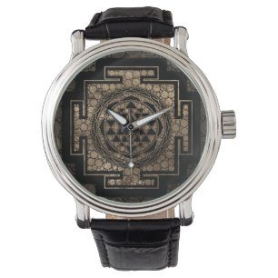 Montre Or et noir d'art de point de Sri Yantra/Sri Chakra