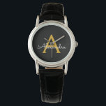 Montre Or moderne en or noir Monogramme Nom<br><div class="desc">Montre à monogramme à écriture simple noire et or. C'est le cadeau parfait pour la remise des diplômes,  l'anniversaire,  le mariage,  la douche de mariée,  l'anniversaire de mariage,  la douche de bébé ou l'enterrement de vie de jeune fille pour quelqu'un qui aime le luxe clinquant et les styles chics.</div>