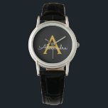 Montre Or Moderne Monogramme Féminin Nom en Or Noir<br><div class="desc">Montre à monogramme simple en noir et or. C'est le cadeau parfait pour la remise des diplômes, l'anniversaire, le mariage, la douche de mariée, l'anniversaire de mariage, la douche de bébé ou l'enterrement de vie de jeune fille pour quelqu'un qui aime le luxe clinquant et les styles chics.</div>