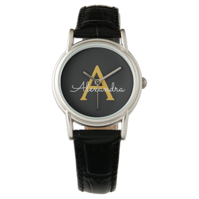Montre Or noir écriture moderne monogramme féminin nom (devant)