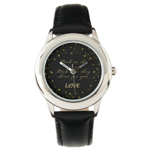 Montre Or personnalisé et étoiles brillantes sur noir (devant)