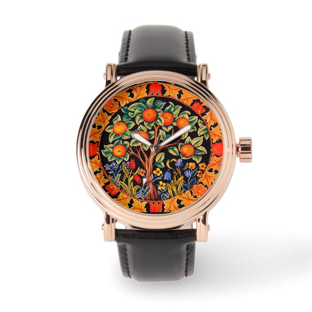 MONTRE ORANGE ARBRE AVEC FEUILLES VERTS, FLEURS (Recto)