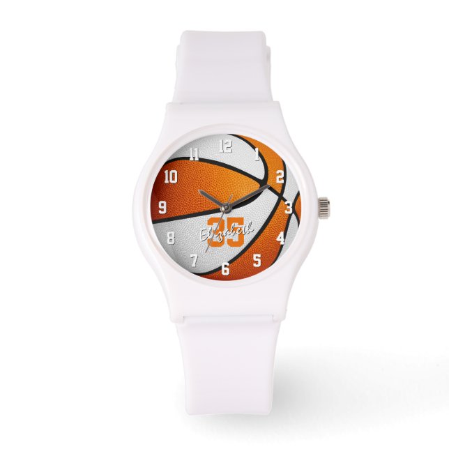 Montre orange blanc basketball filles nom maillot numéro (Recto)