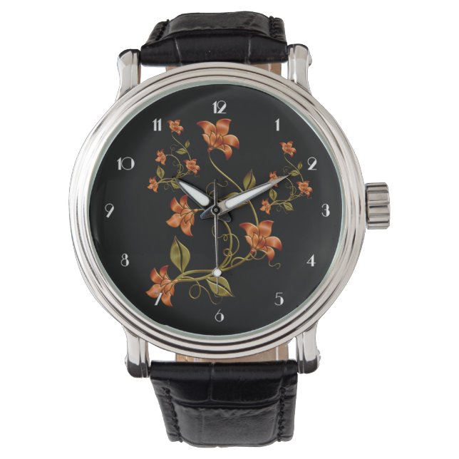 Montre Orange Lillies Floral Motif Black Wrist Watch (devant)