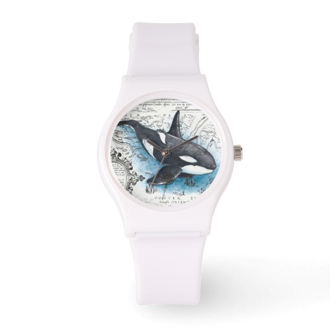 Montre Orca Baleine Bleu Aquarelle Carte Nautique (Recto)