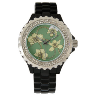 Montre Orchidées et chaînes, jaune et vert kelly