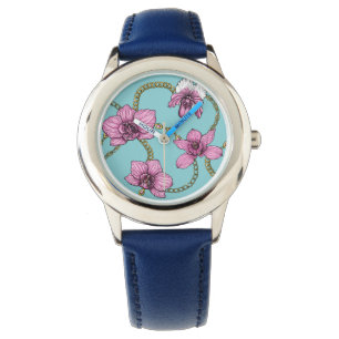 Montre Orchidées et chaînes, roses et bleues