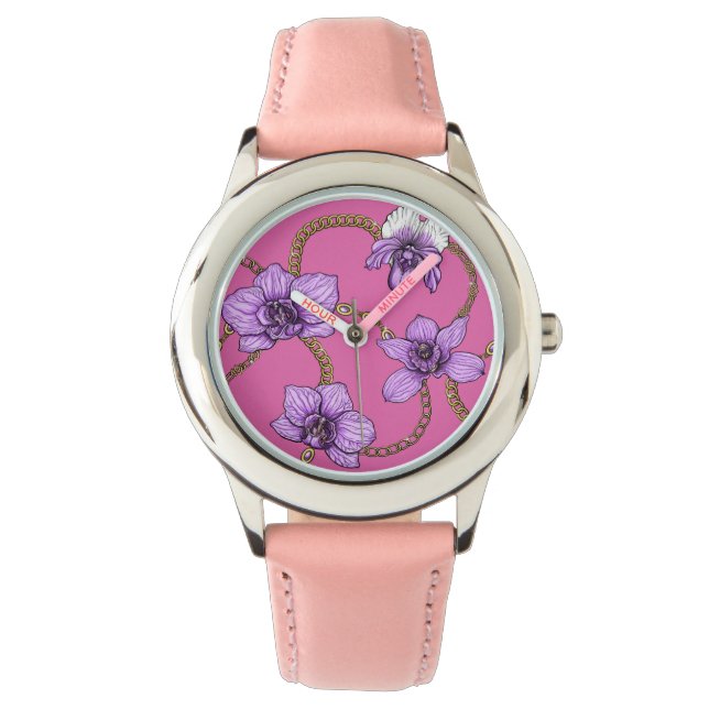 Montre Orchidées et chaînes, violet et rose (devant)
