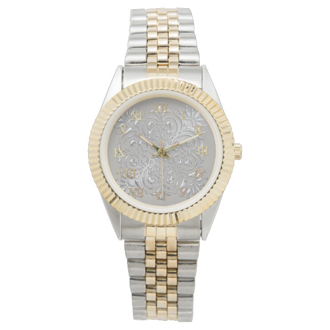 Montre Ornate Argent Embossé Look Numéros romains (devant)