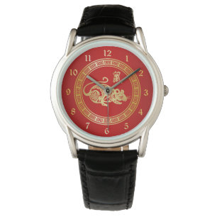 Montre Ornate Golden Red Papercut Année du Rat