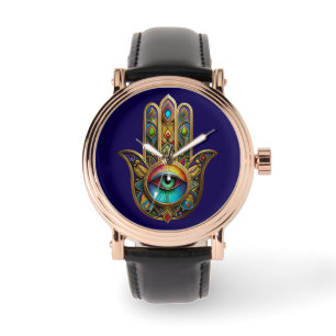 Montre Orné Hamsa Coloré Or Sur Fond Rouge Troisième Œil