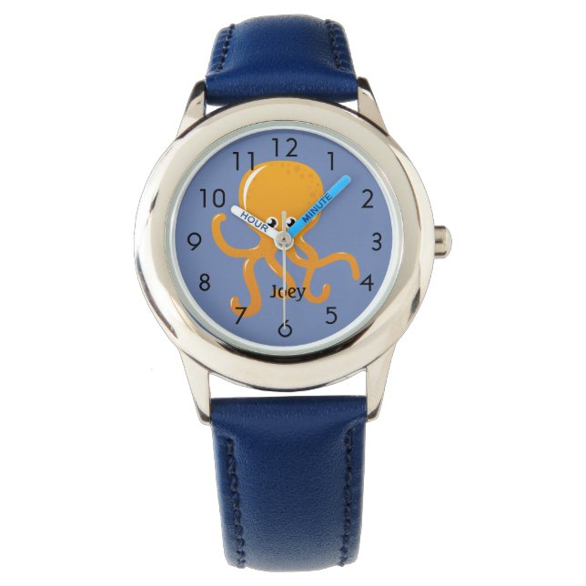Montre Otopus orange sur bleu Personnalisé Enfant (devant)