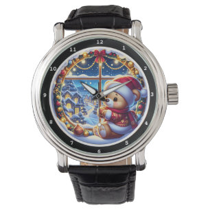 Montre Ours de Noël regardant par la fenêtre un village e
