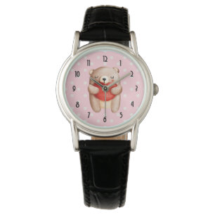 Montre Ours en peluche mignon portant un coeur rouge