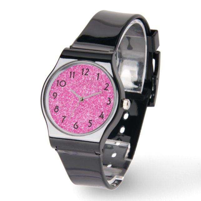 Montre Paillettes de luxe rose chaud brillant (Angle)