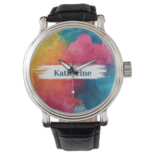 Montre Paint à l'aquarelle vive avec nom personnalisé