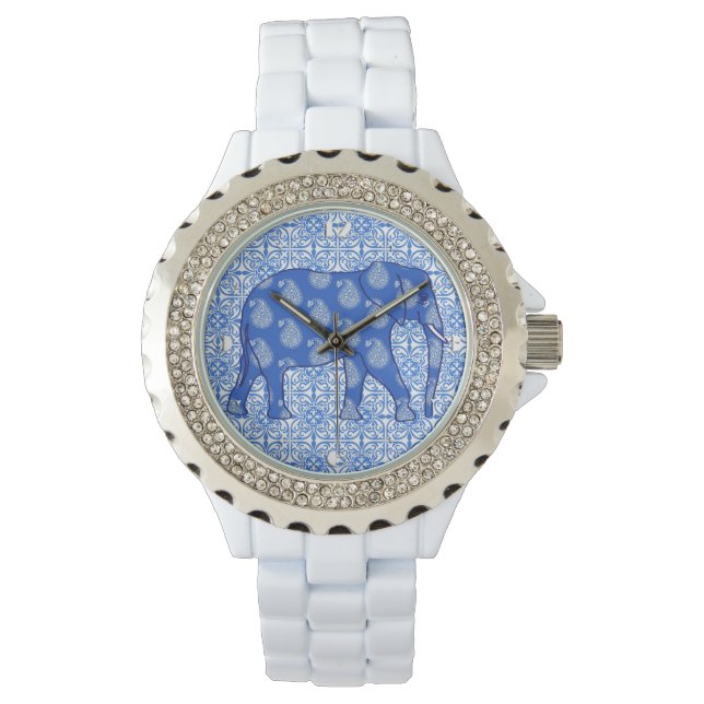 Montre Paisley éléphant - bleu cobalt et blanc (devant)