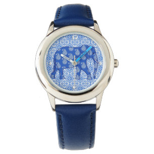 Montre Paisley éléphant - bleu cobalt et blanc
