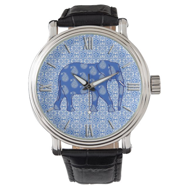 Montre Paisley éléphant - bleu cobalt et blanc (devant)