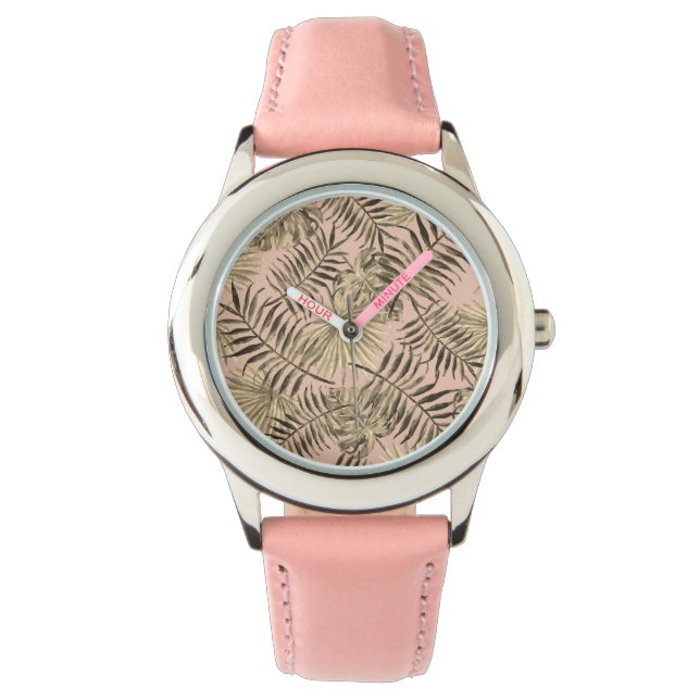 Montre Palm monstère feuille tropicale pêche rose et or (devant)