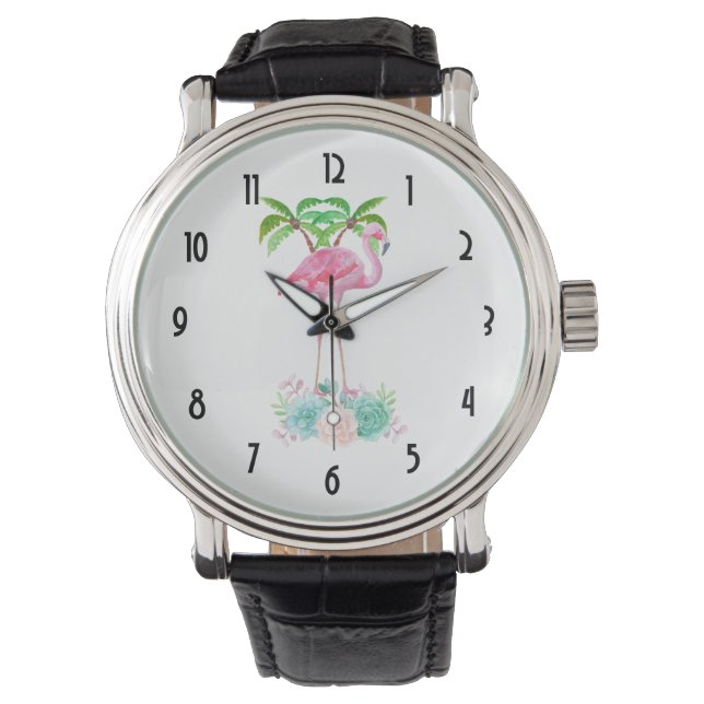 Montre Palmiers de Flamant rose rose et succulents (devant)