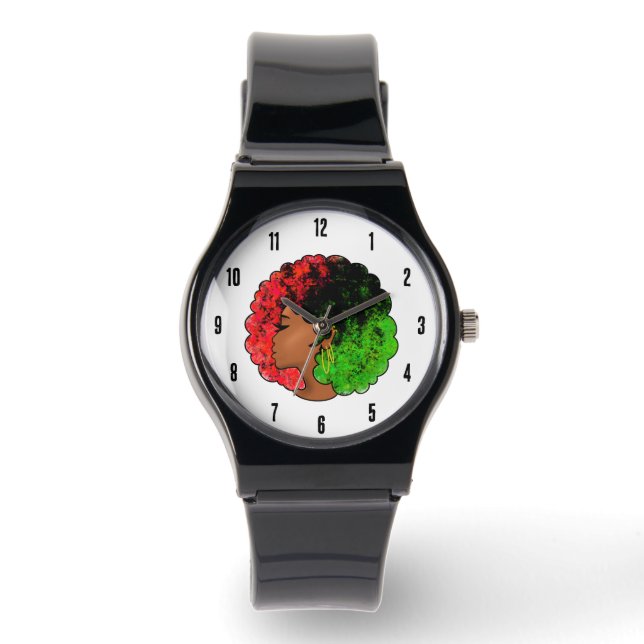 Montre Pan Africaine noire femme rouge vert orgueil afro (Recto)