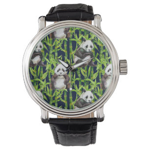 Montre Panda avec Motif d'aquarelle en bambou