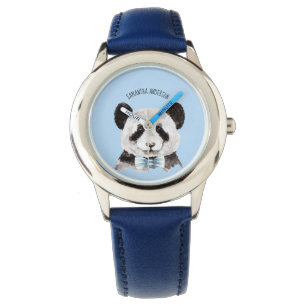 Montre Panda D'Aquarelle Moderne Avec Nom Et Bleu Pastel