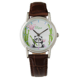 Montre Panda heureux avec bambou et fleurs de cerisiers