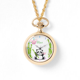 Montre Panda heureux avec bambou et fleurs de cerisiers