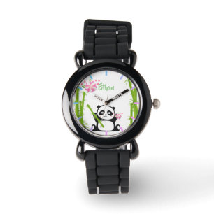 Montre Panda heureux avec bambou et fleurs de cerisiers