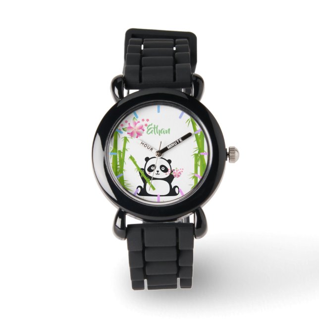 Montre Panda heureux avec bambou et fleurs de cerisiers (Recto)