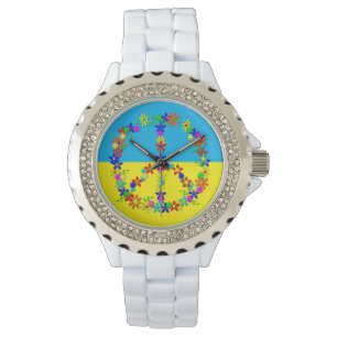 Montre Panneau de paix avec fleurs, drapeau ukrainien bou