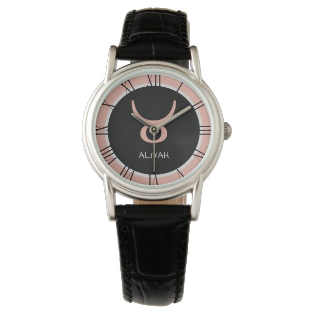 Montre Panneau Taurus Zodiac Rose rose gris Nom personnal (devant)