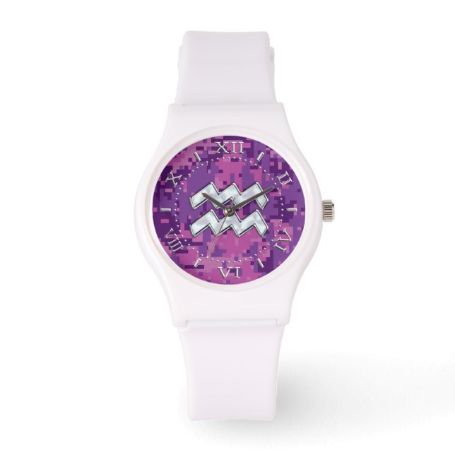 Montre Panneau Zodiac Aquarius sur Dial Camouflage Rose (Recto)