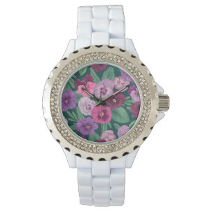Montre Pansies colorées sur bleu vert foncé