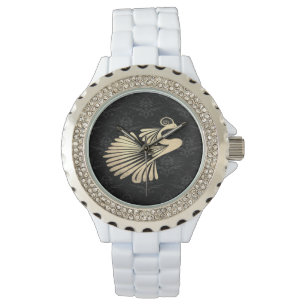 Montre Paon doré élégant sur damas noir