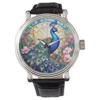 Montre Paon en vitrail et aquarelle