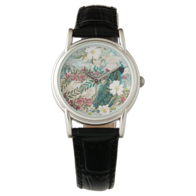 Montre Paon et fleurs illustrés antiques (devant)