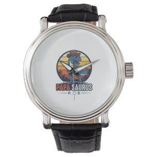 Montre Papa Saurus Rex Cowboy Dinosaure Vintage T-Shirt_1