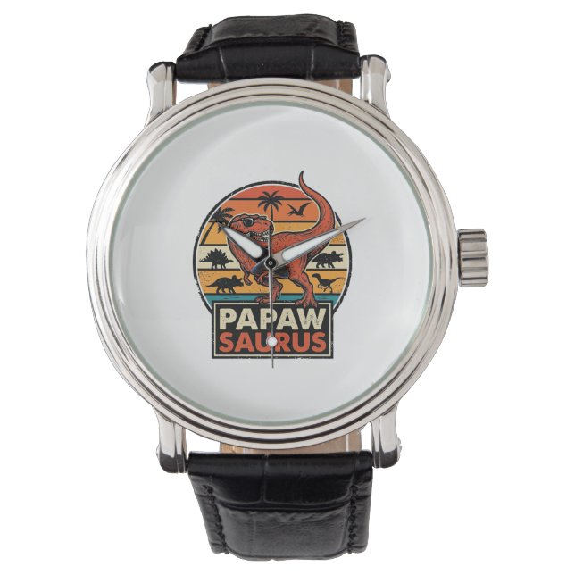 Montre Papawsaurus Rétro Dinosaure Coucher de Soleil Vect (devant)