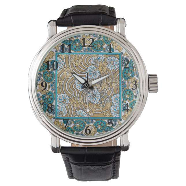 Montre papier peint bleu art nouveau cyclamen (devant)